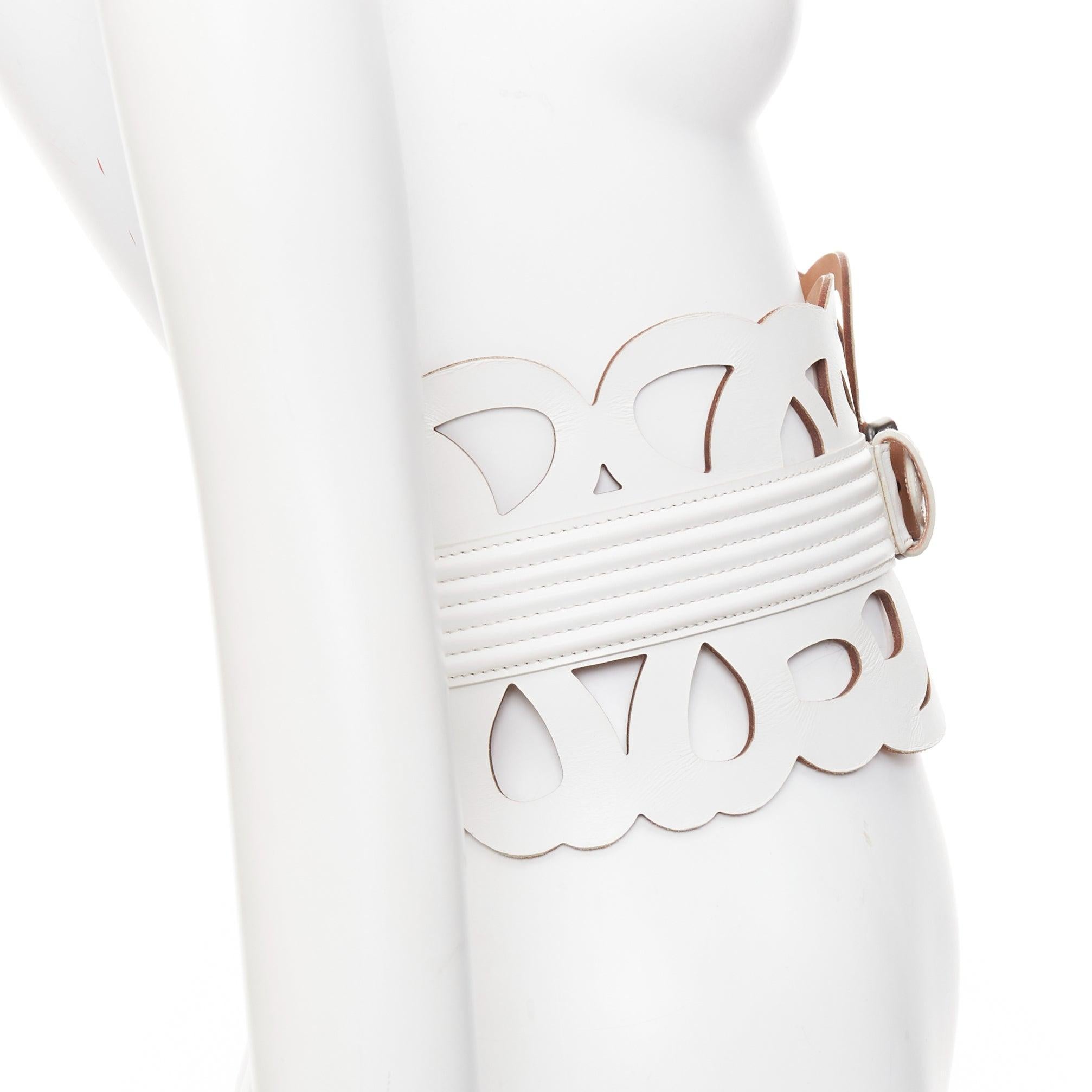 Gray ALAIA white leather romantic swirl laser cut out corset wide belt 65cm For Sale