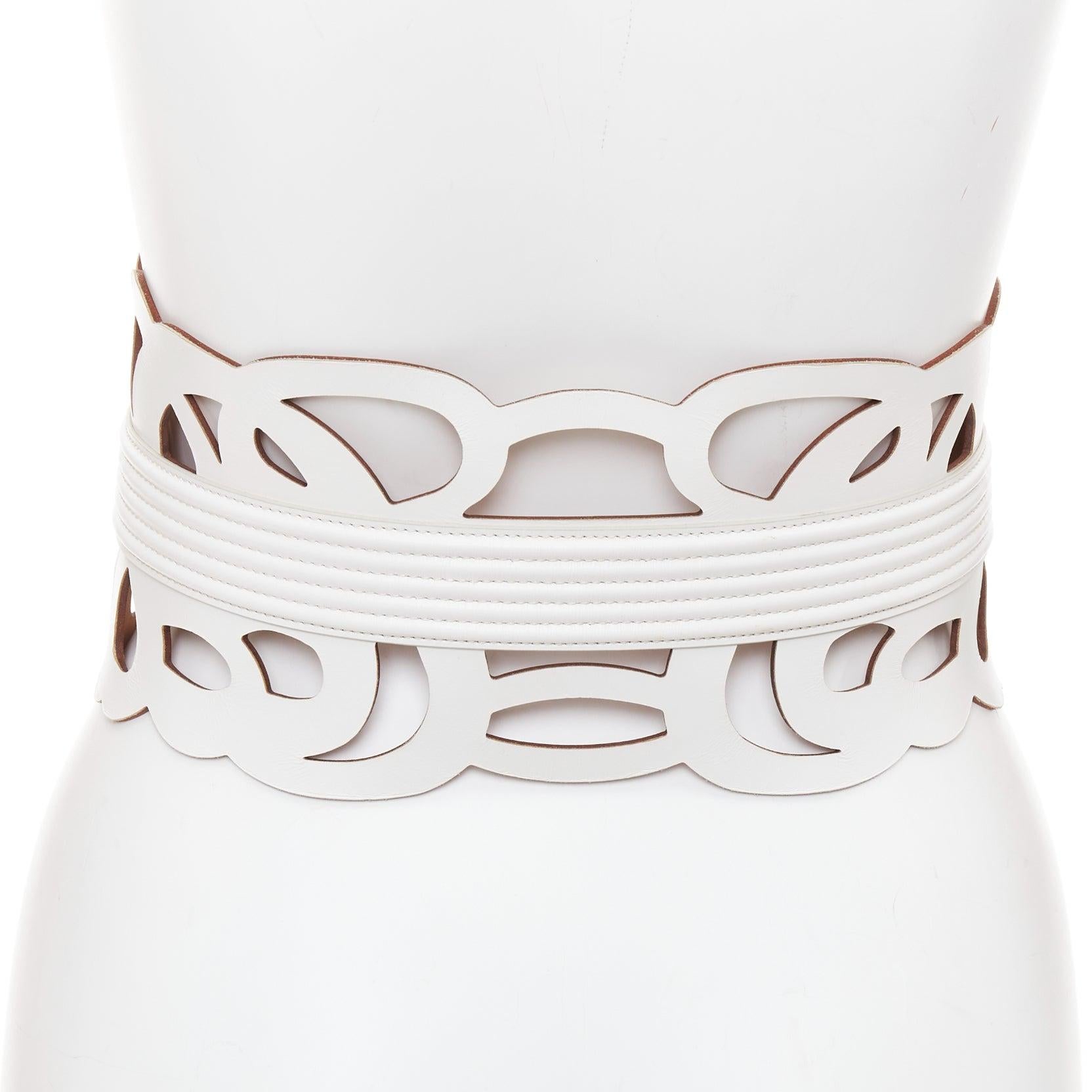 ALAIA white leather romantic swirl laser cut out corset wide belt 65cm In Good Condition For Sale In Hong Kong, NT