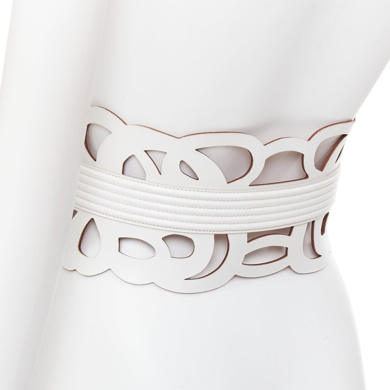 Women's ALAIA white leather romantic swirl laser cut out corset wide belt 65cm For Sale