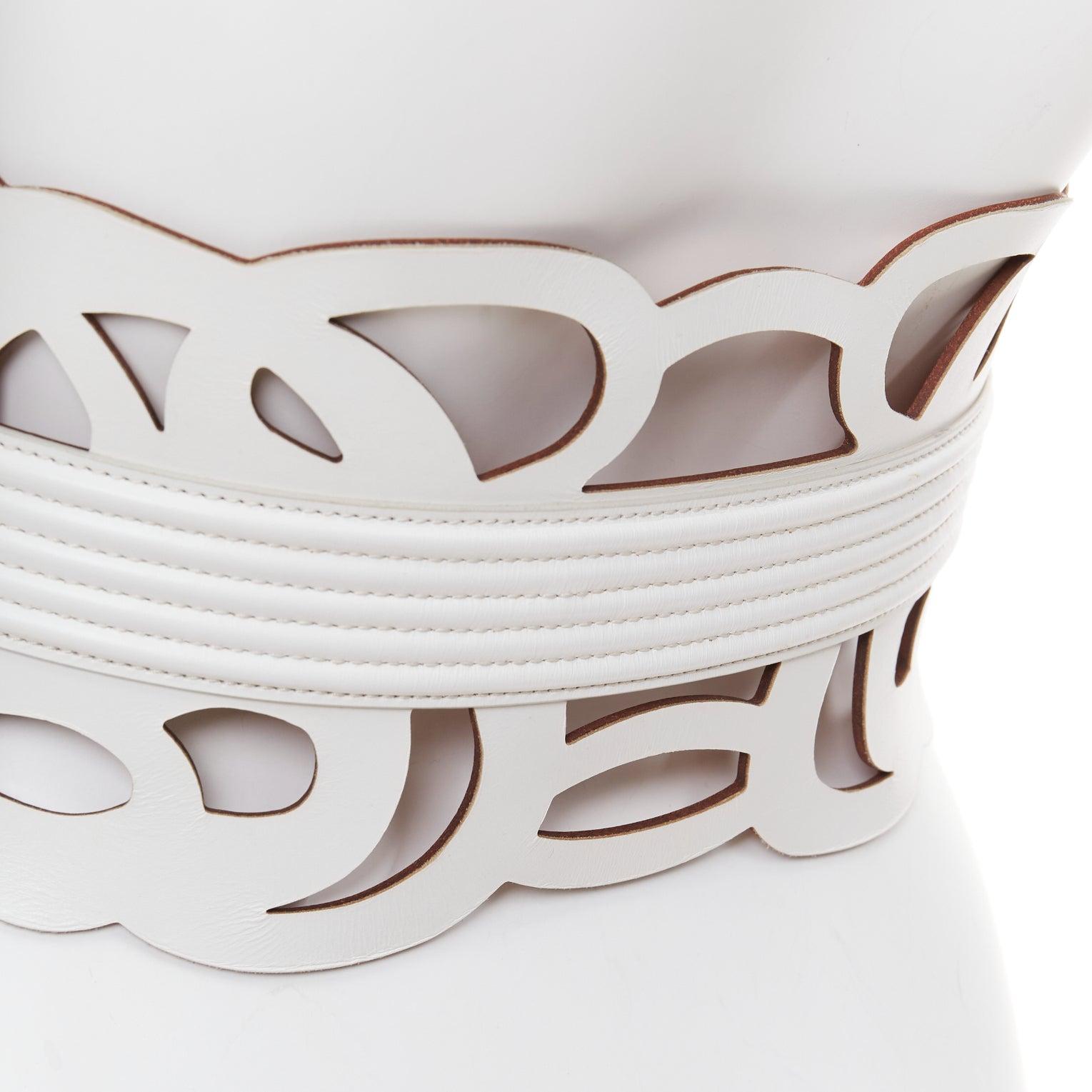 ALAIA white leather romantic swirl laser cut out corset wide belt 65cm For Sale 1