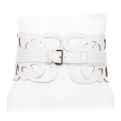 ALAIA white leather romantic swirl laser cut out corset wide belt 65cm