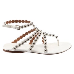 Alaïa White Leather Stud Gladiator Flat Sandals Size IT 37.5
