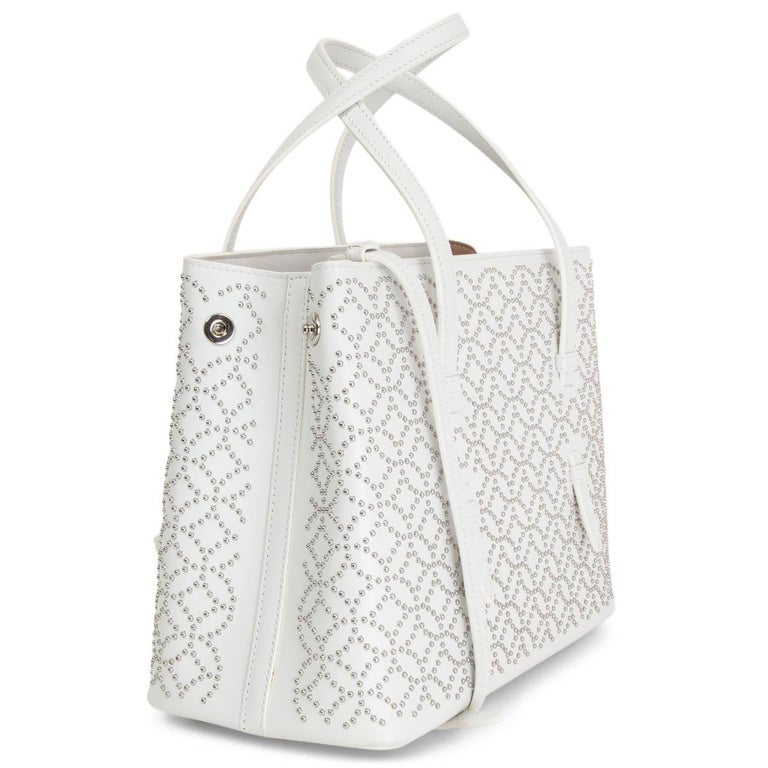 ALAIA white leather STUDDED VIENNE MINI Tote Shoulder Bag For Sale at