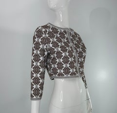 Alaia White & Metallic Glittery Brown Jacquard Cropped Cardigan Sweater 40