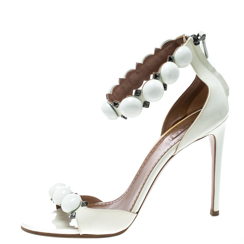 Alaia White Patent Leather Bombe Stud Embellished Open Toe Sandals Size 41