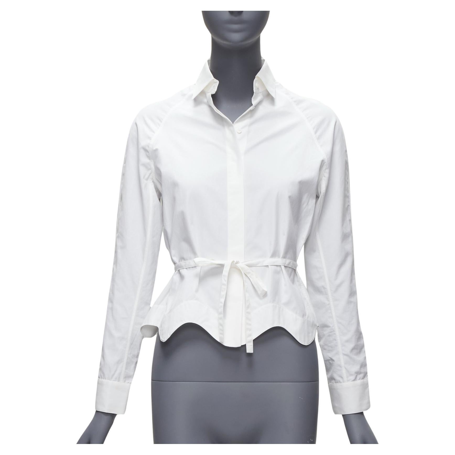 ALAIA white raglan sleeve belted wavy scalloped hem cropped shirt FR36 S For Sale