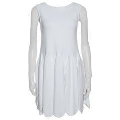 Alaia White Stretch Knit Pleated Scalloped Hem Detail Dress M