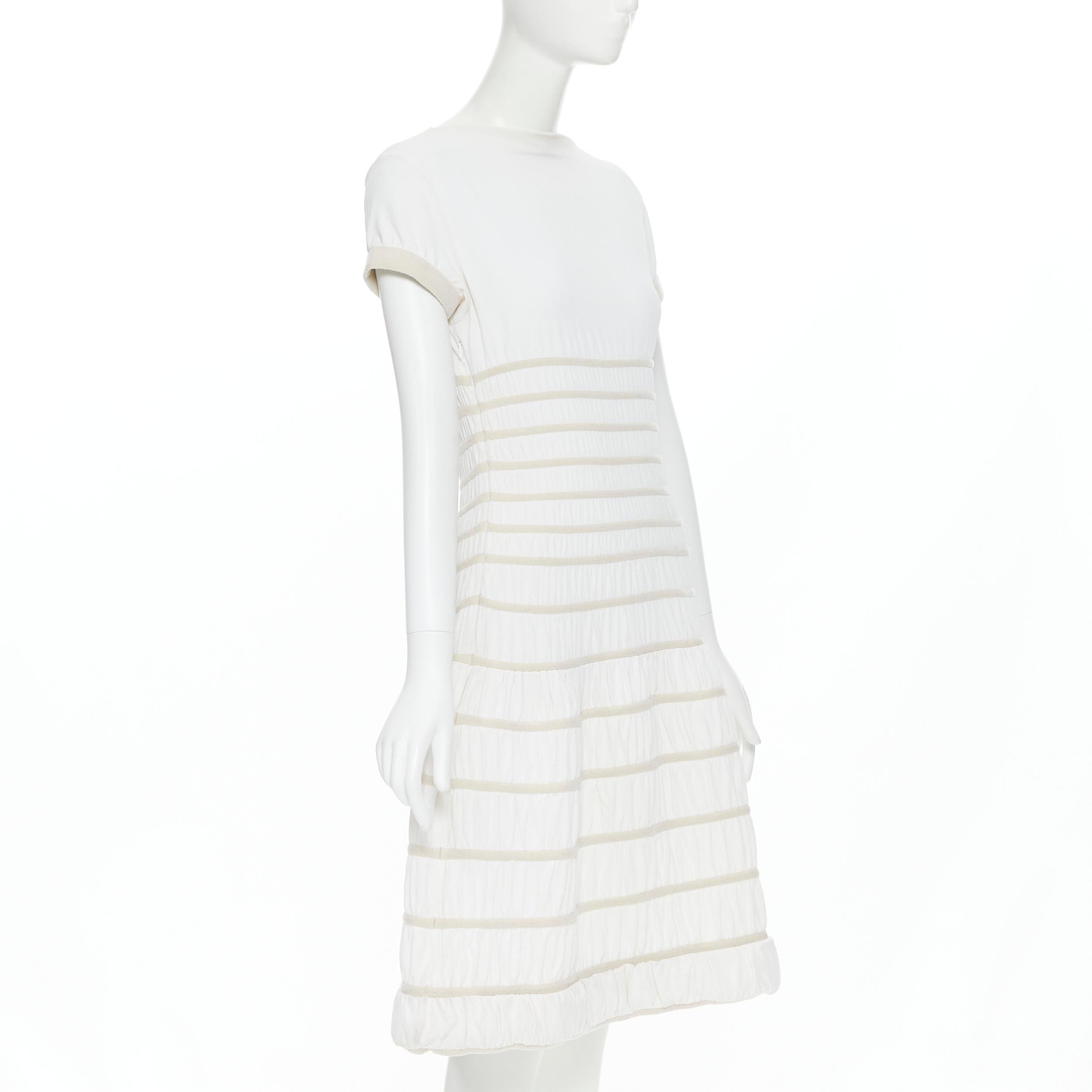 ALAIA white viscose beige ribbed cloque fit flare cocktail dress S In Good Condition In Hong Kong, NT