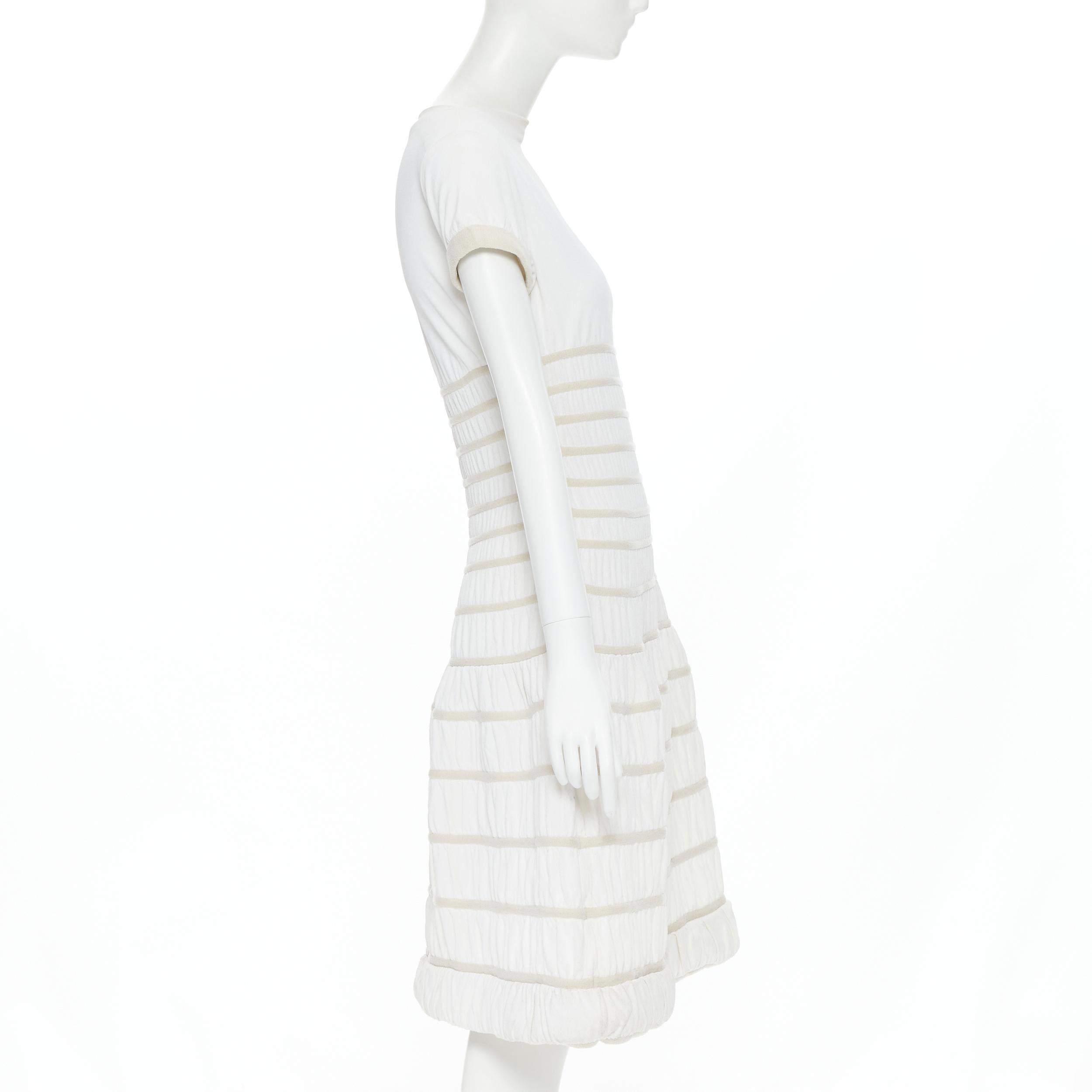 ALAIA white viscose beige ribbed cloque fit flare cocktail dress S In Excellent Condition For Sale In Hong Kong, NT