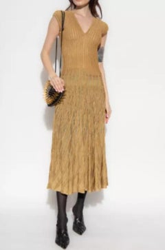 Alaia Women's Fit & Flare 3D Sheer V-neck Ribbed Lurex Dress Gold Maxi size 42