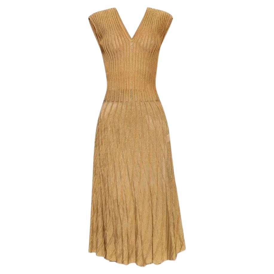 Alaia Women's Fit & Flare 3D Sheer V-neck Ribbed Lurex Dress Gold Maxi size 42