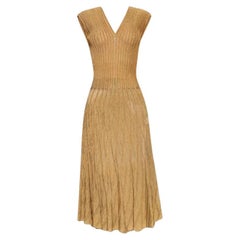 Alaia Women's Fit & Flare 3D Sheer V-neck Ribbed Lurex Dress Gold Maxi size 42