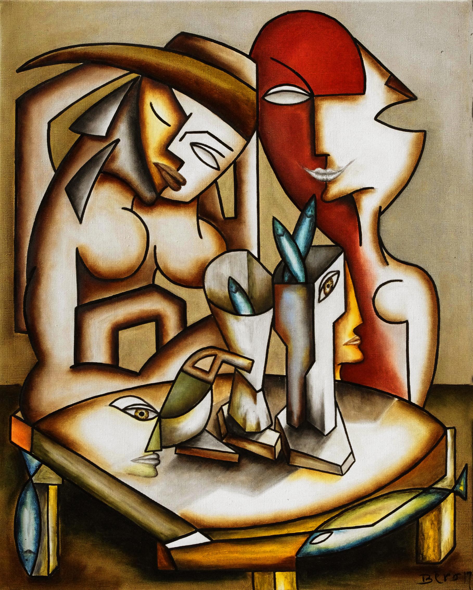 Cubism figurative oil on canvas painting "Couple de Femmes aux Poissons"