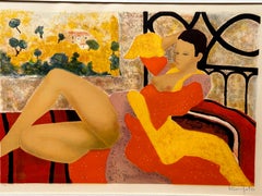 Lithographie colorée « Nu dans le lit » d'Alain Bonnefoit