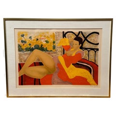 Retro  Colorful "Nude in Bed" Lithograph by Alain Bonnefoit