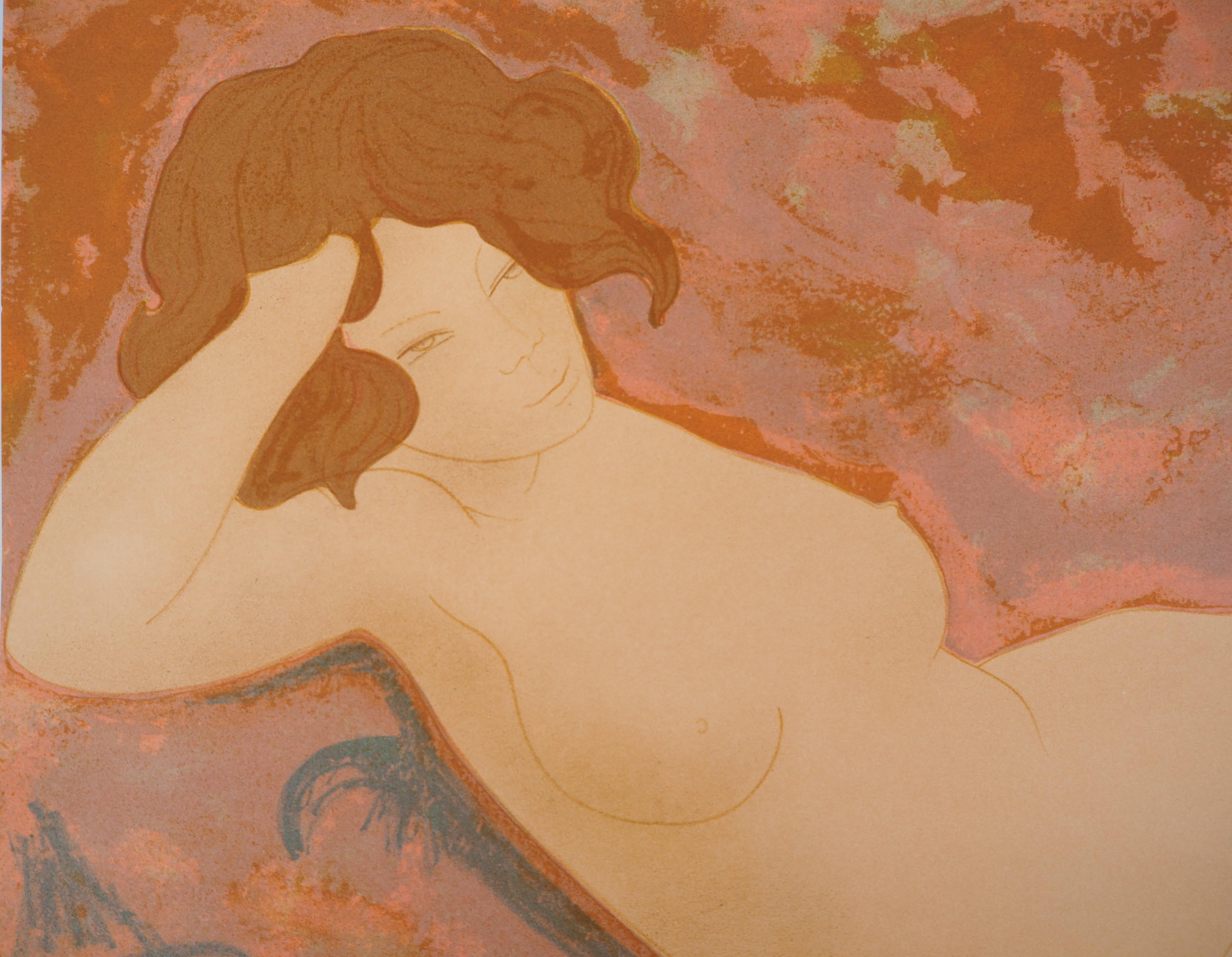 Asleep Nude - Original Lithographie, handsigniert und nummeriert /100 (Braun), Nude Print, von Alain Bonnefoit