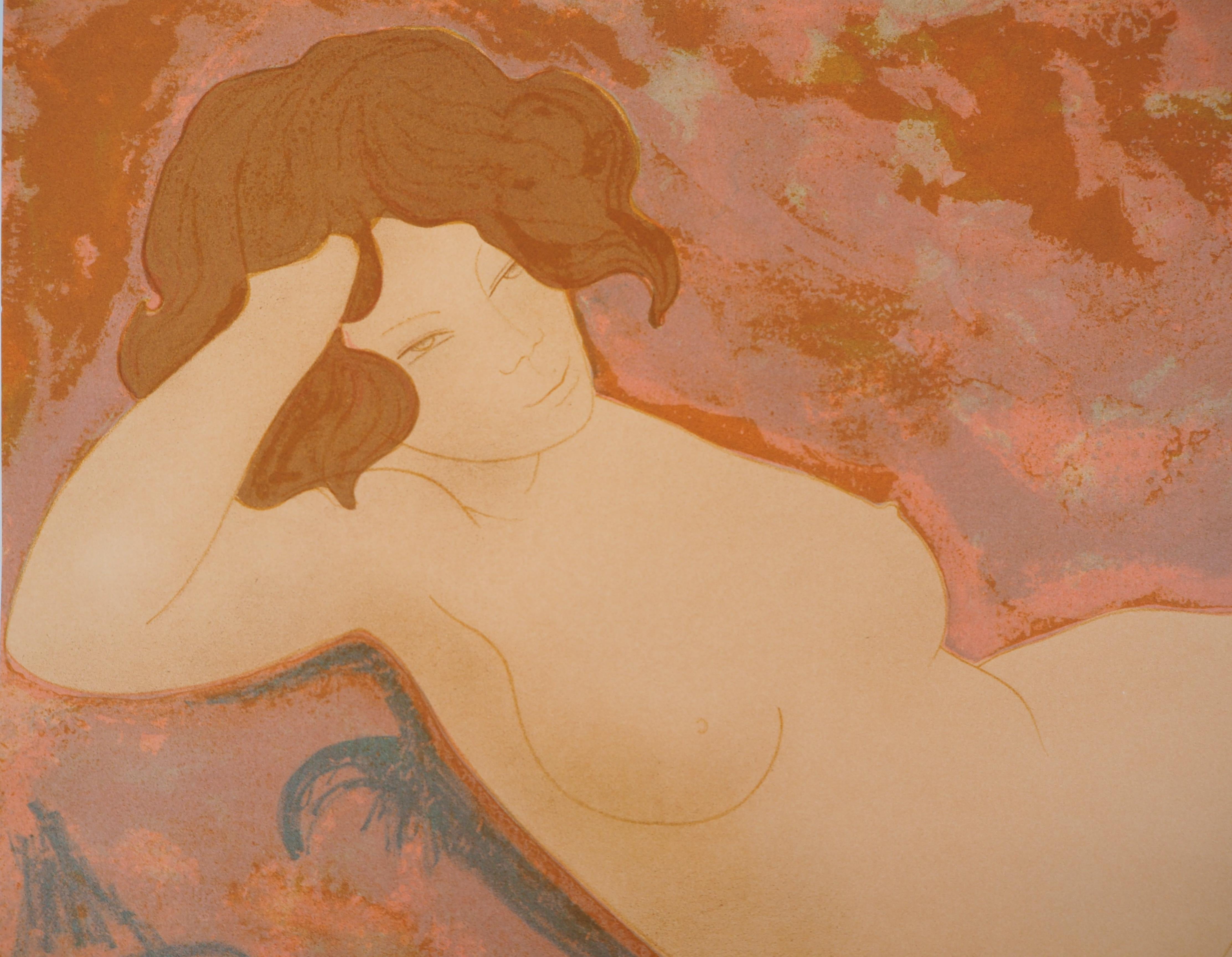 Nu endormi - Lithographie originale, signée et numérotée à la main /100 - Marron Nude Print par Alain Bonnefoit