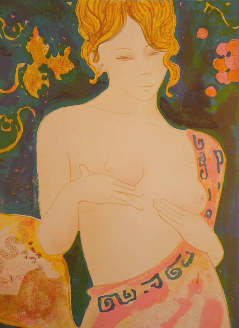 Mythology : Bacchus and Venus - Original lithograph Handsigned and Numbered /100 - Orange Figurative Print by Alain Bonnefoit