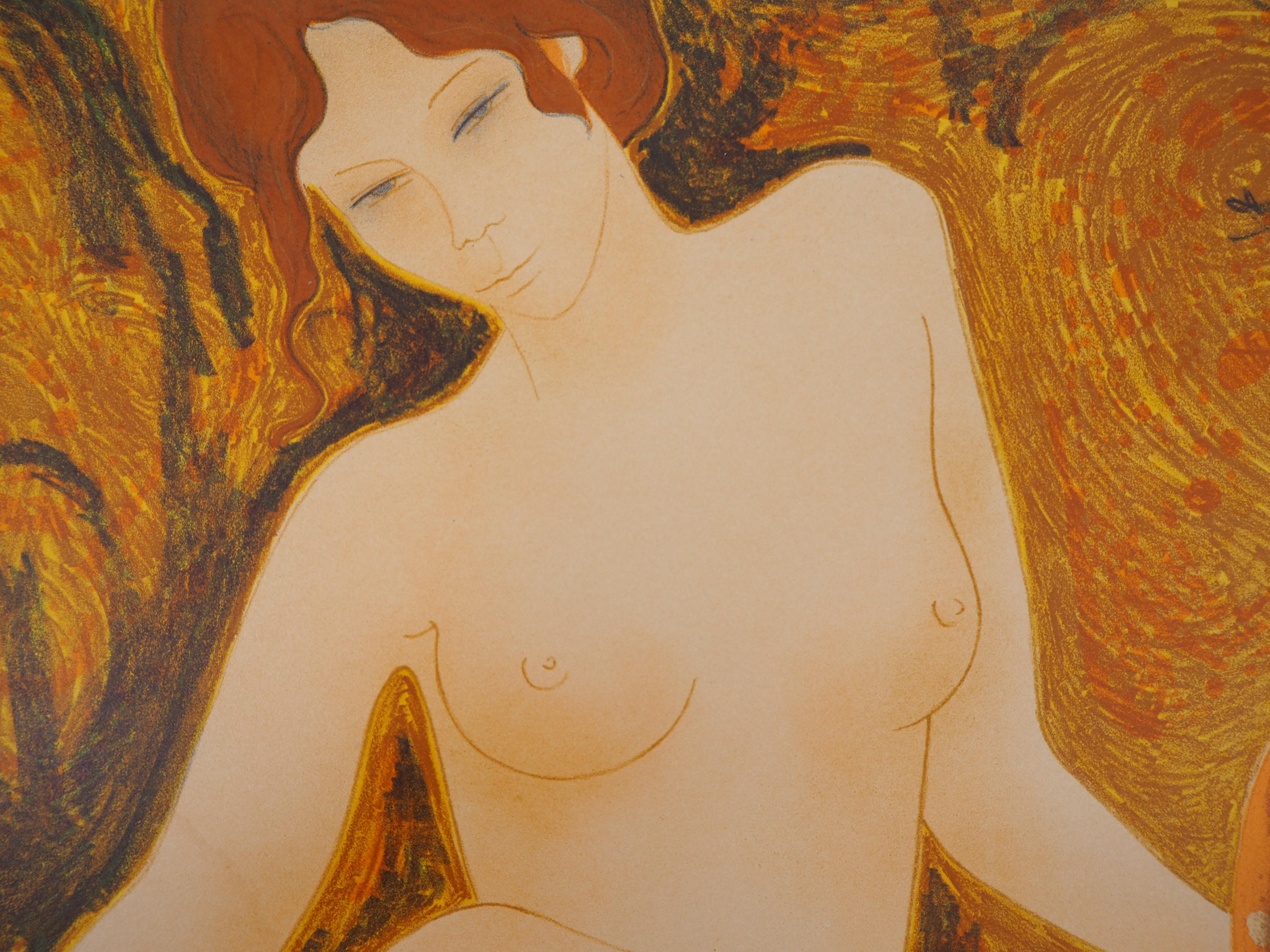 Relaxing Nudes - Original Lithographie, handsigniert und nummeriert /100 (Orange), Nude Print, von Alain Bonnefoit