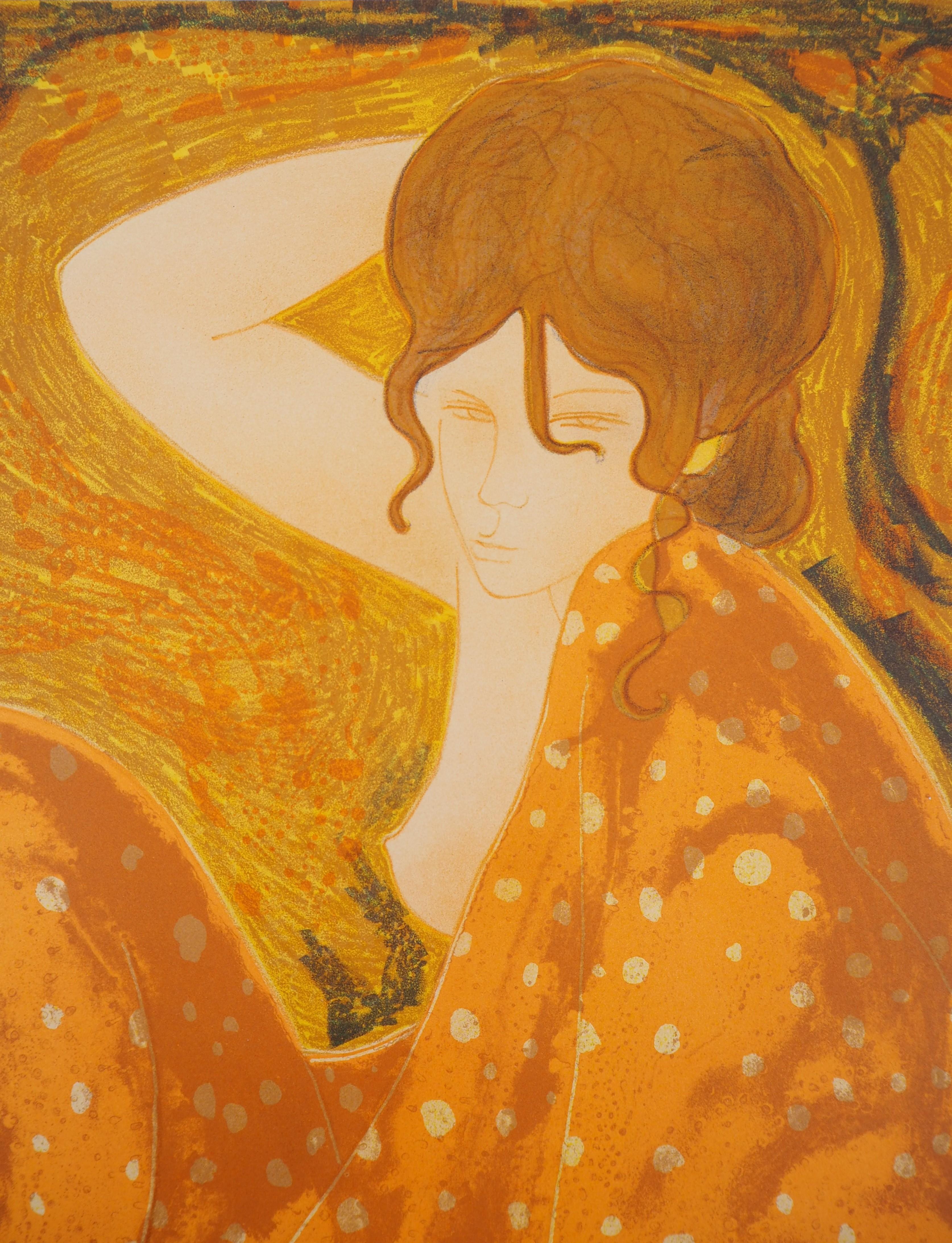 Relaxing Nudes - Original lithograph, Handsigned and Numbered /100 - Orange Nude Print by Alain Bonnefoit