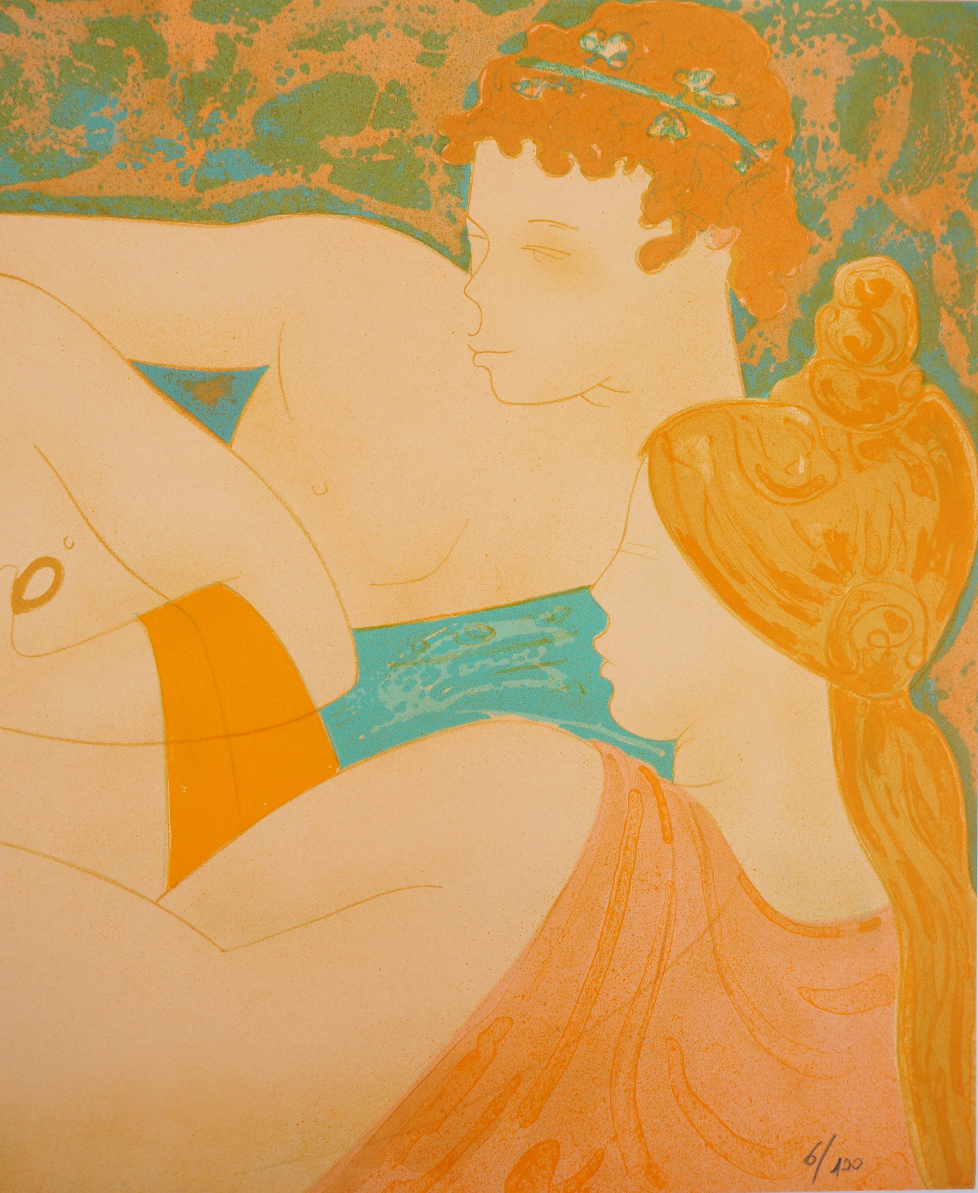 The Feast - Original Lithographie, handsigniert und nummeriert /100 (Orange), Figurative Print, von Alain Bonnefoit