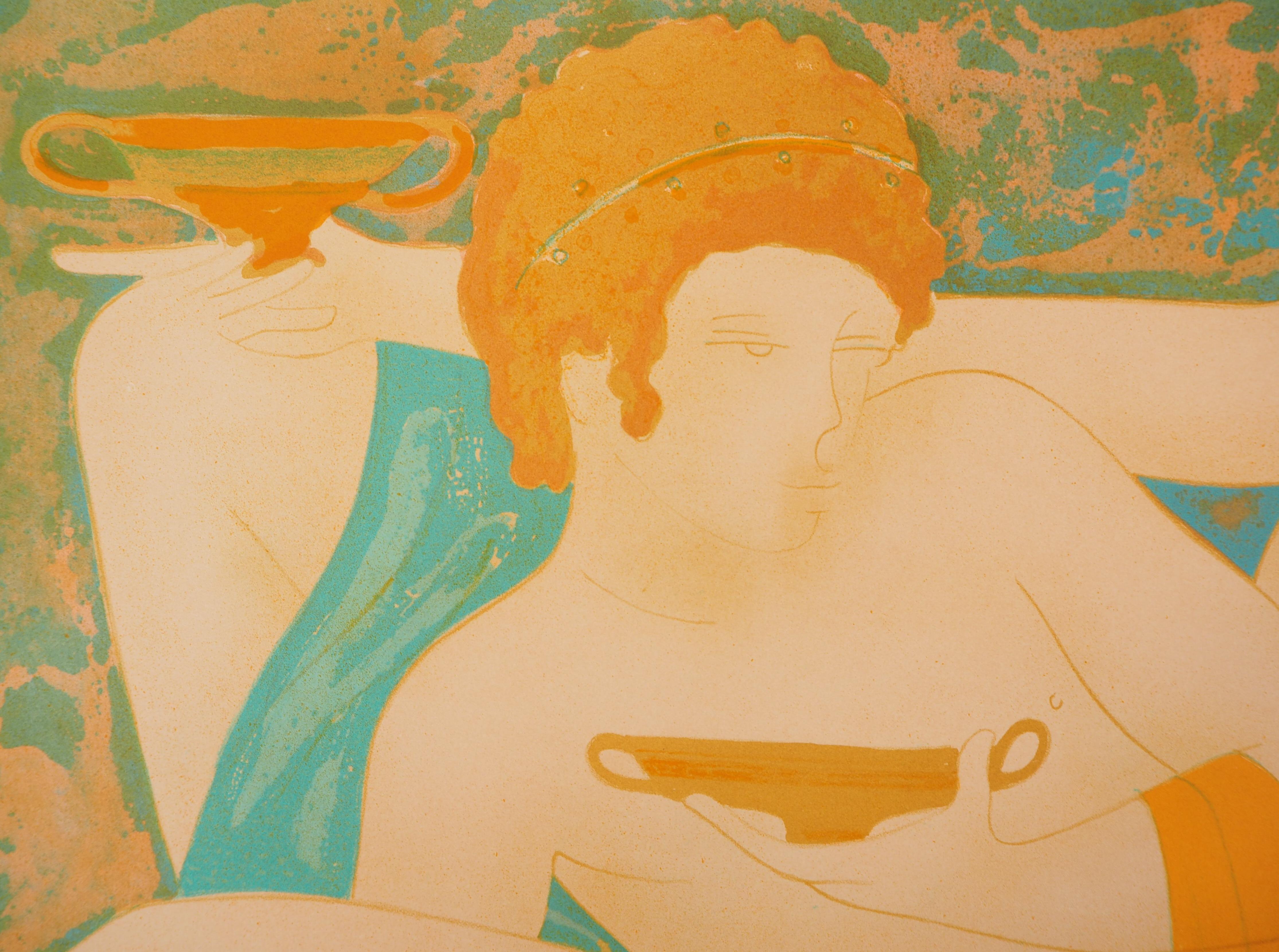 The Feast - Original lithograph, Handsigned and Numbered /100 - Orange Figurative Print by Alain Bonnefoit