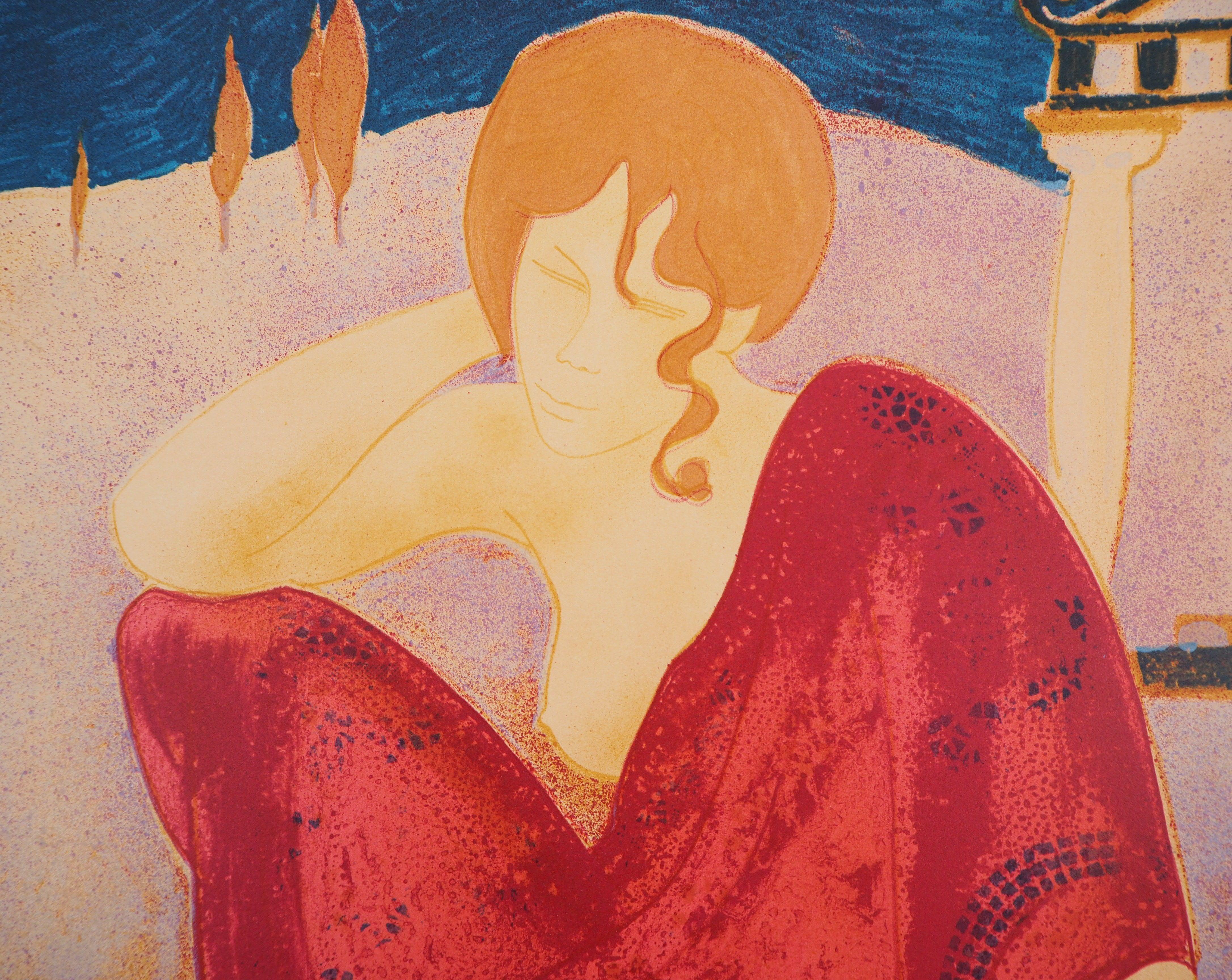 Two Greek Beauties - Original lithograph, Handsigned and Numbered /100 - Orange Nude Print by Alain Bonnefoit