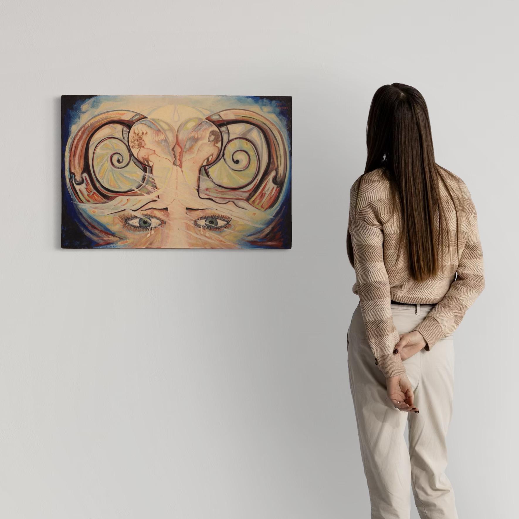 20. Jahrhundert Öl auf Leinwand Französisch Signiert Alain Cadoret Surrealist Gemälde, 1975 im Angebot 1
