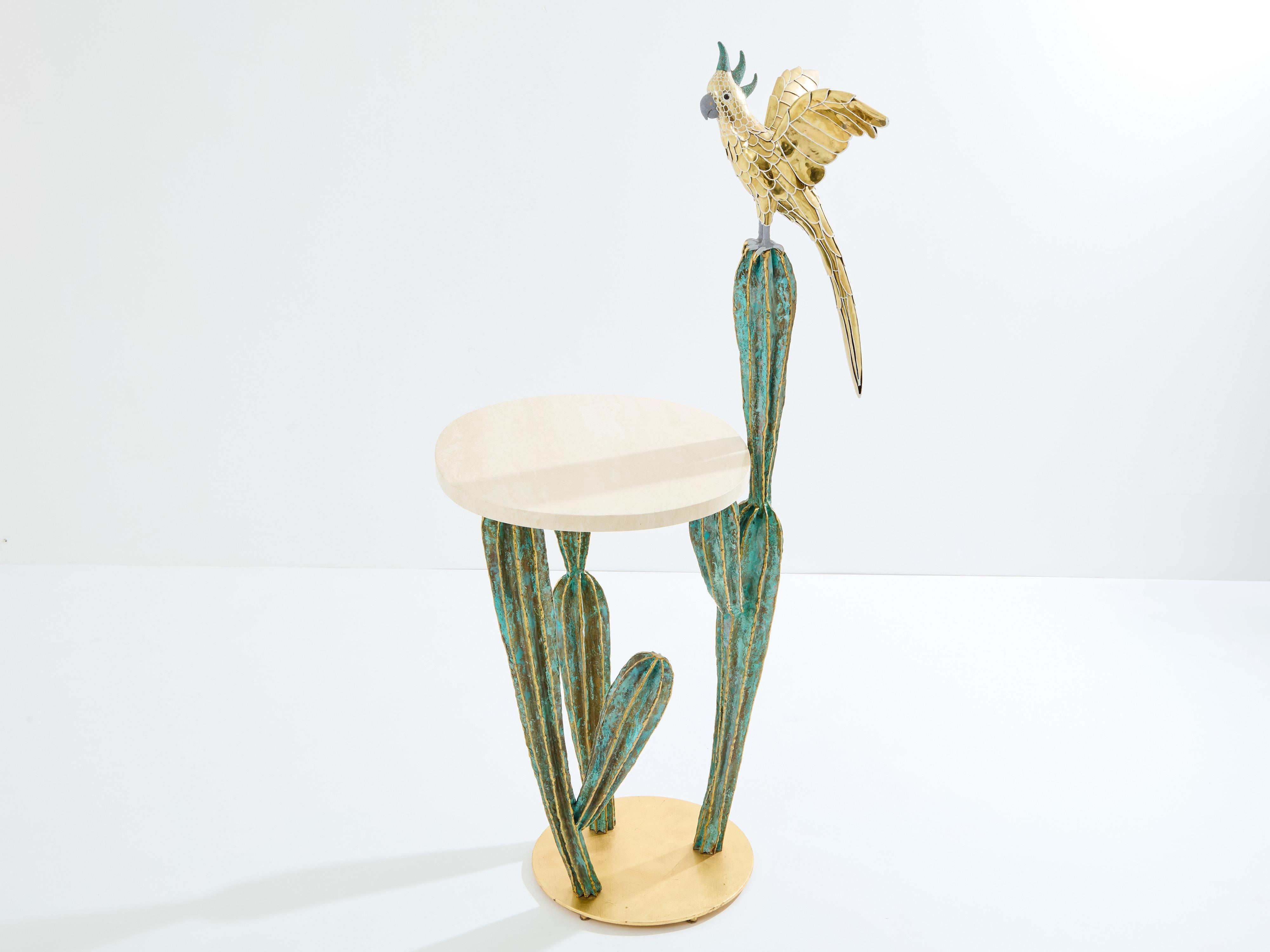Mid-Century Modern Alain Chervet console cactus parrot en bronze laiton 1989 en vente