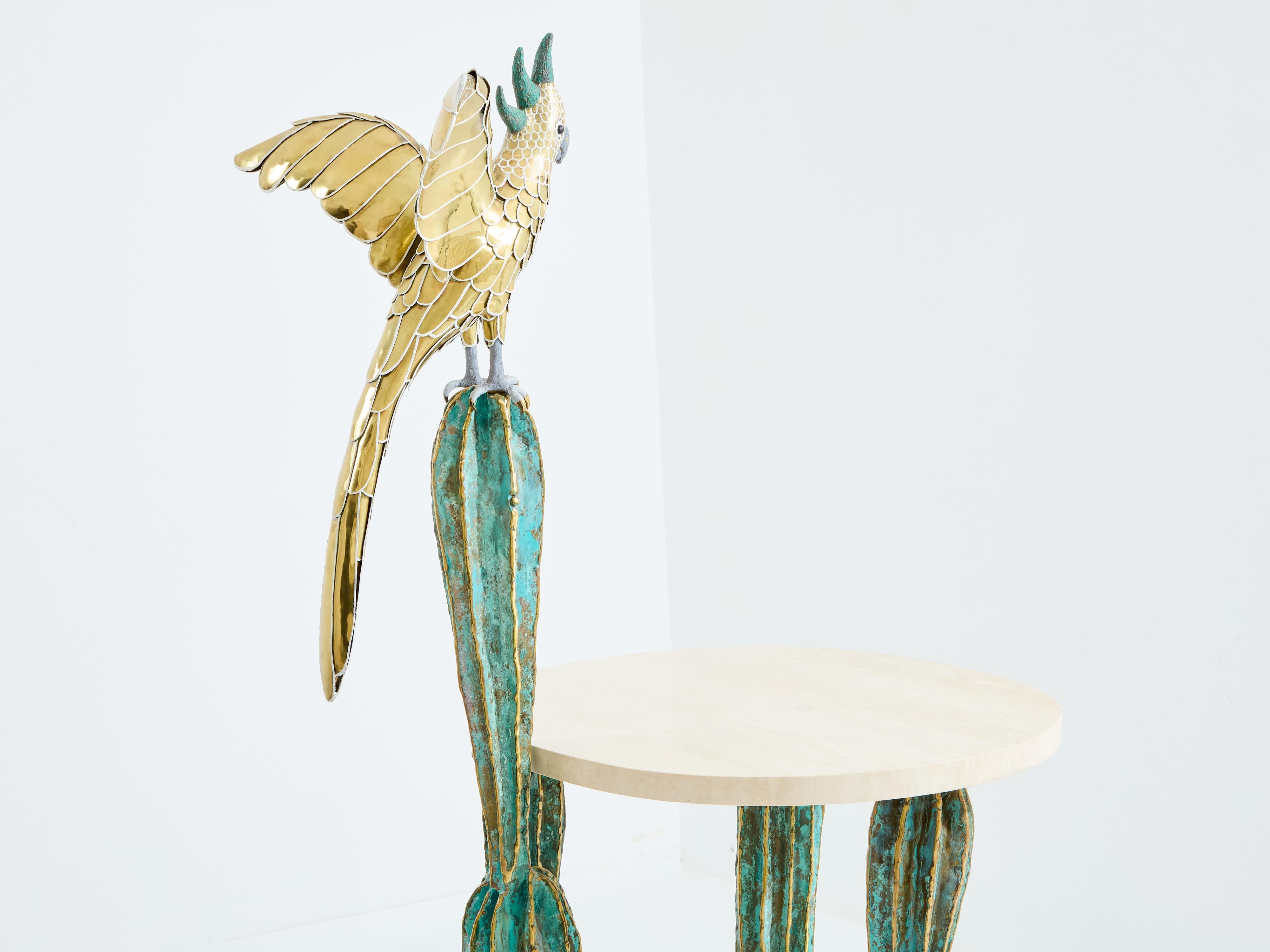 Laiton Alain Chervet console cactus parrot en bronze laiton 1989 en vente