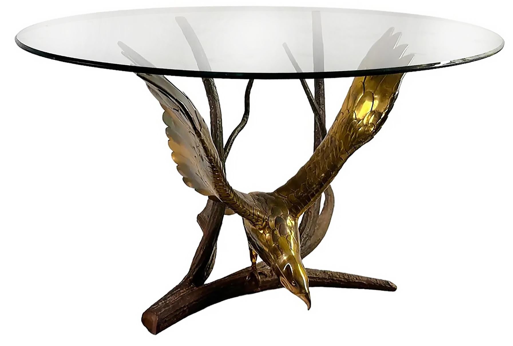 Metal  Alain Chervet French Sculptural Eagle Dining Center Table in Bronze and Brass For Sale