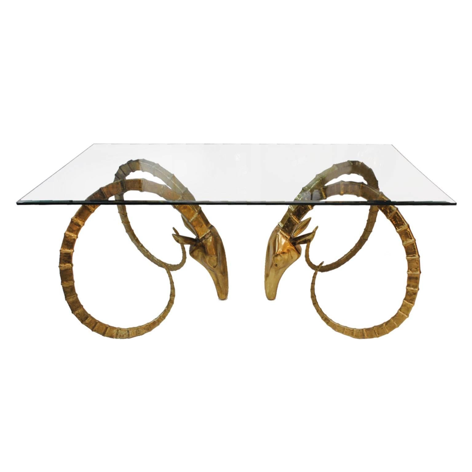 Sculptural French table designed by Alain Chervet. Marked 61/16 with signature by Alain Chervet, composed by two goat heads made of solid carved bronze.