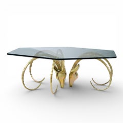 Alain Chervet Mid Century Brass Ibex Glass Top Coffee Table