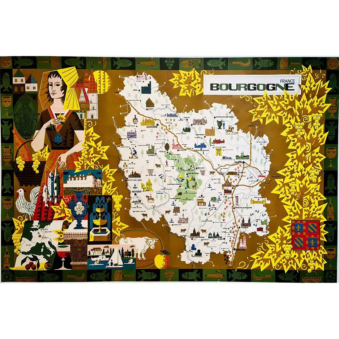Beautiful geographical poster of Burgundy created by Alain Cornic in 1979 For Sale 1