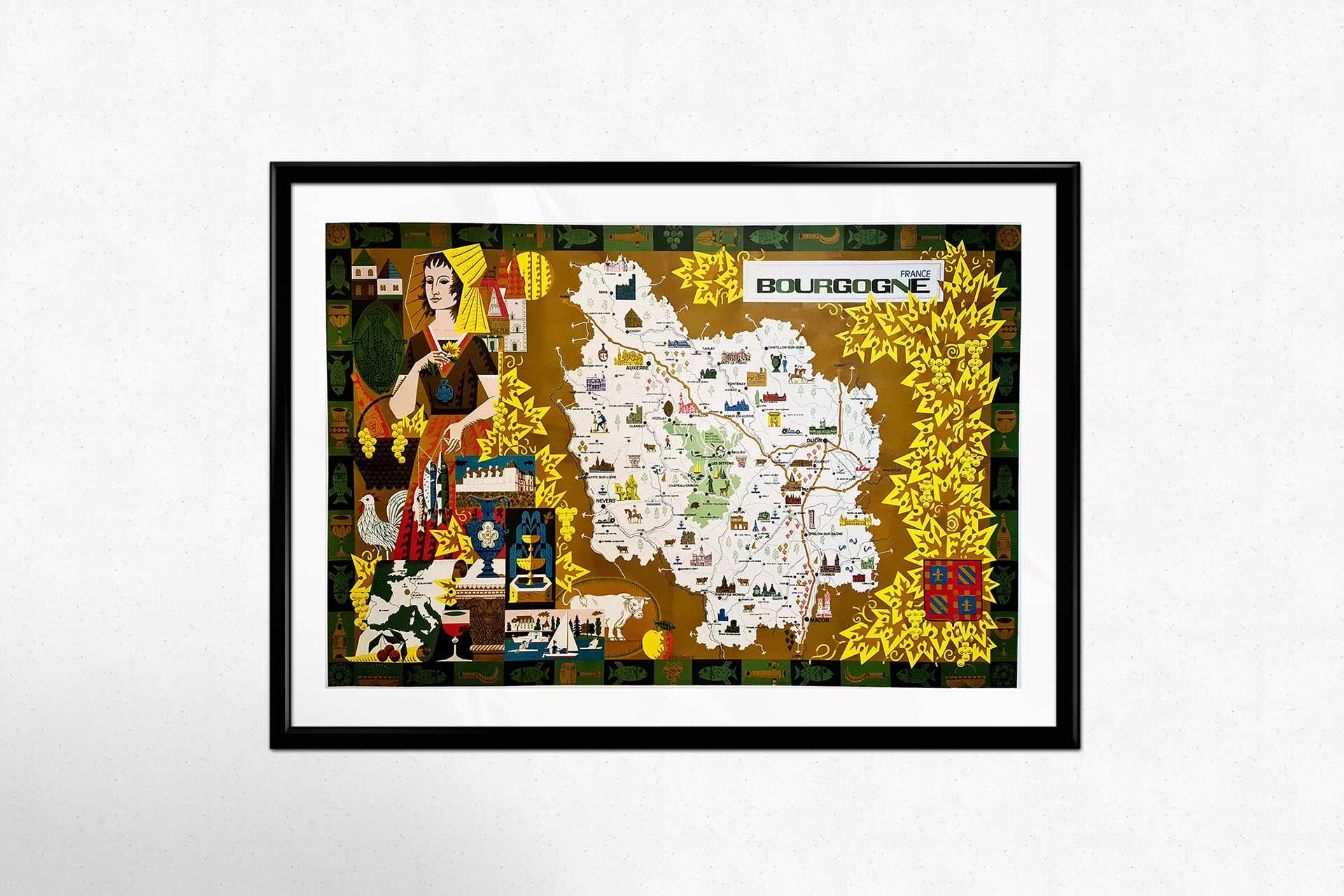 Beautiful geographical poster of Burgundy created by Alain Cornic in 1979 For Sale 2