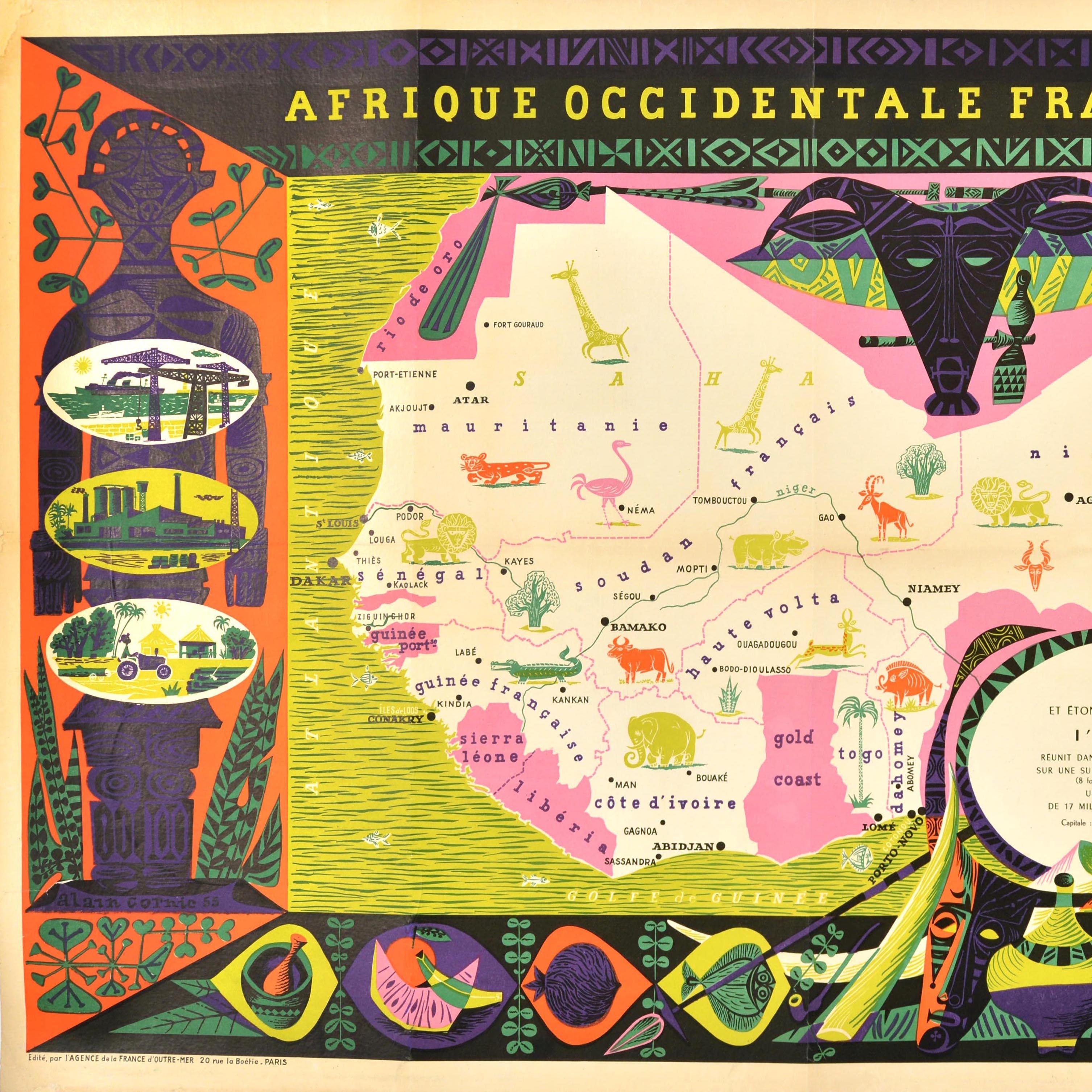 Original Vintage Poster French West Africa Map Afrique Occidentale Francaise Art - Orange Print by Alain Cornic