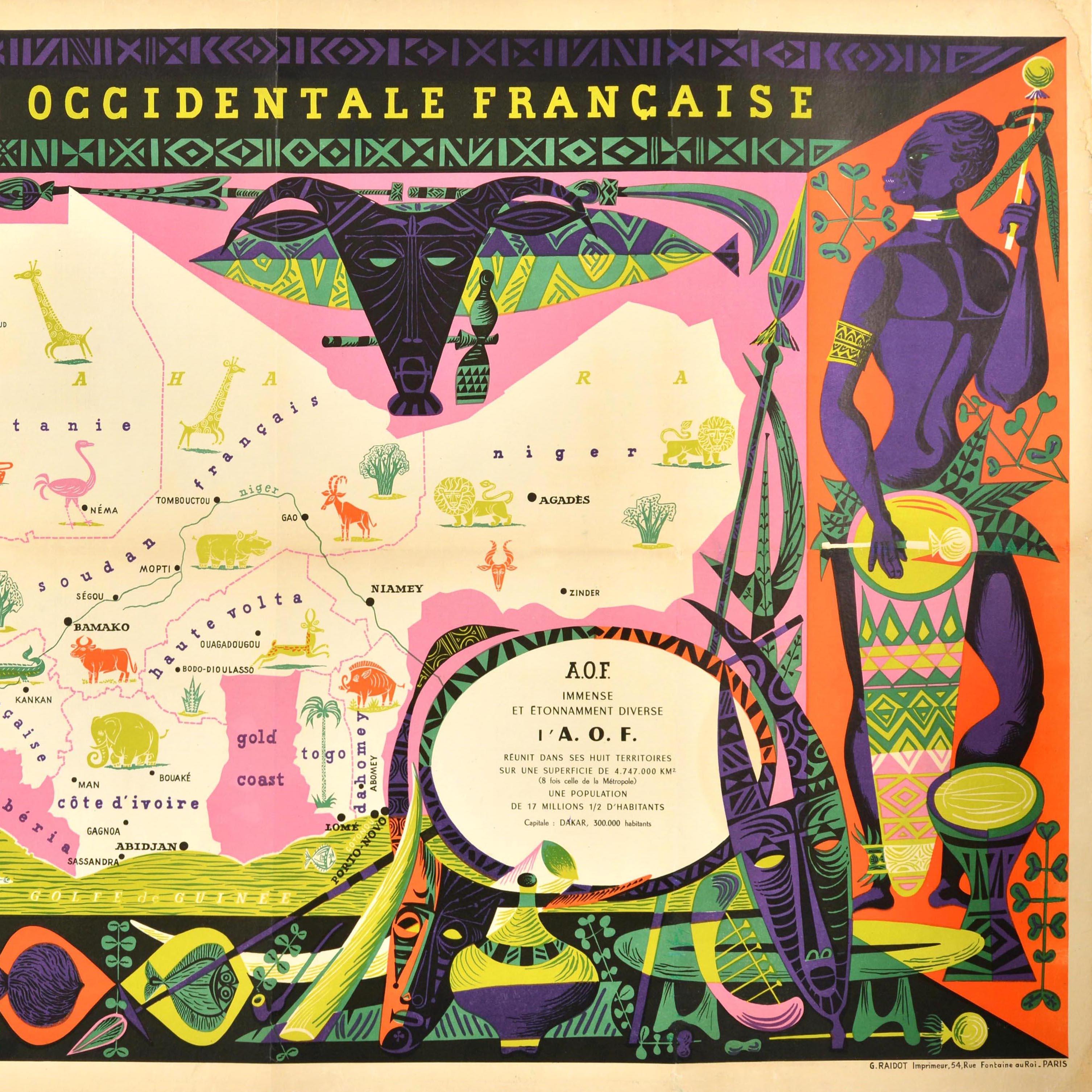 Original vintage poster featuring an illustrated map of French West Africa / Afrique Occidentale Francaise marking the capital cities, towns, ports, Sahara Desert and rivers in Mauritania Senegal Guinea Sierra Leone Liberia Cote d'Ivoire / Ivory