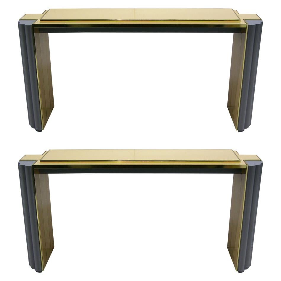 Alain Delon 1970s Pair of Gray and Cream Console Tables for Maison Jansen For Sale
