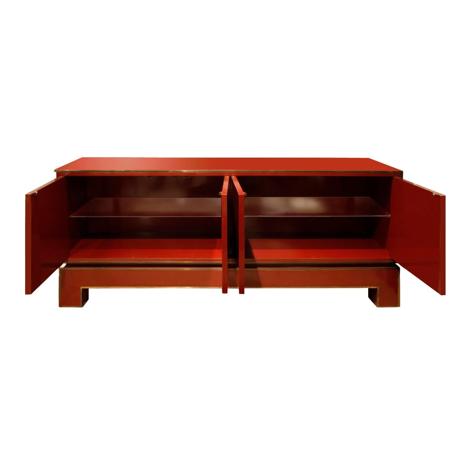French Alain Delon Chic Red Credenza with Brass Trim, 1970s ‘Signed’