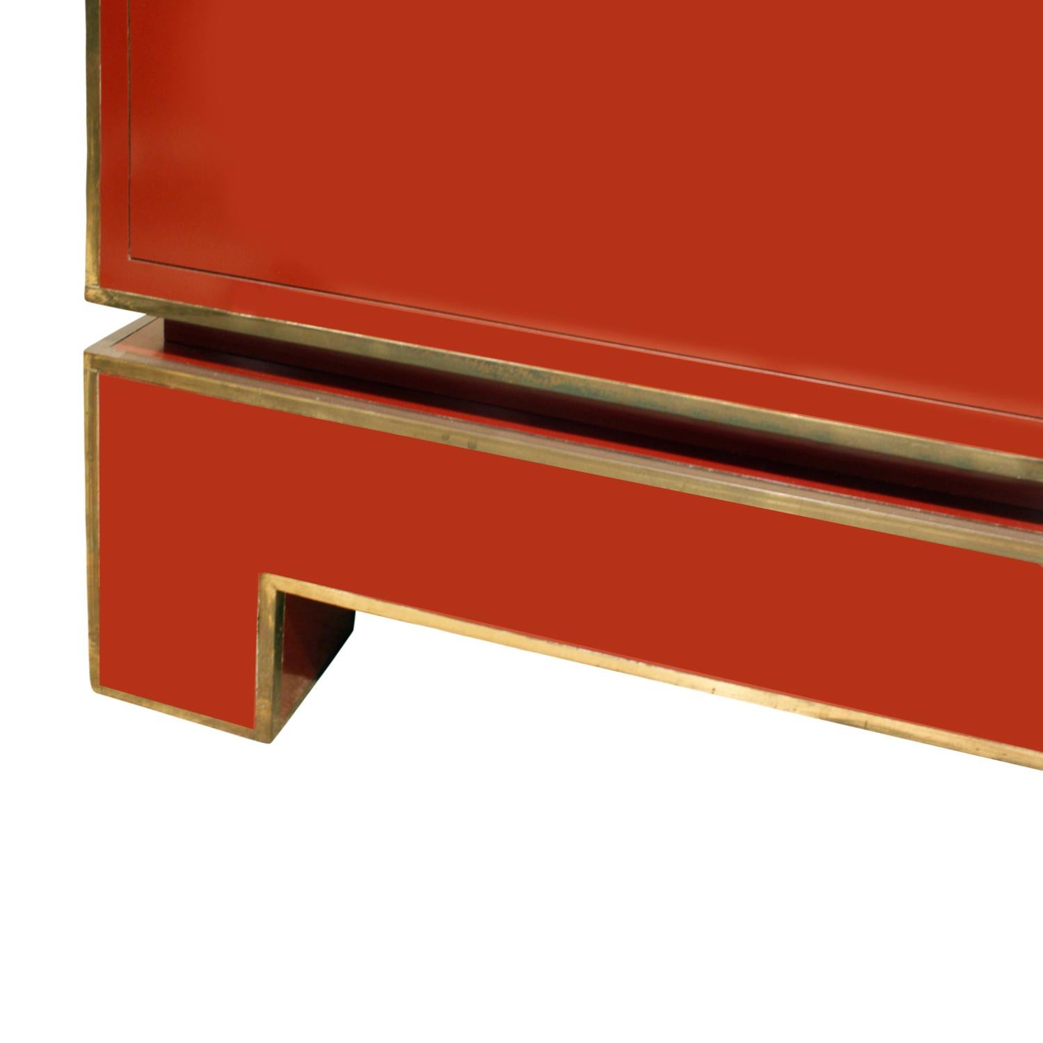 Hand-Crafted Alain Delon Chic Red Credenza with Brass Trim, 1970s ‘Signed’