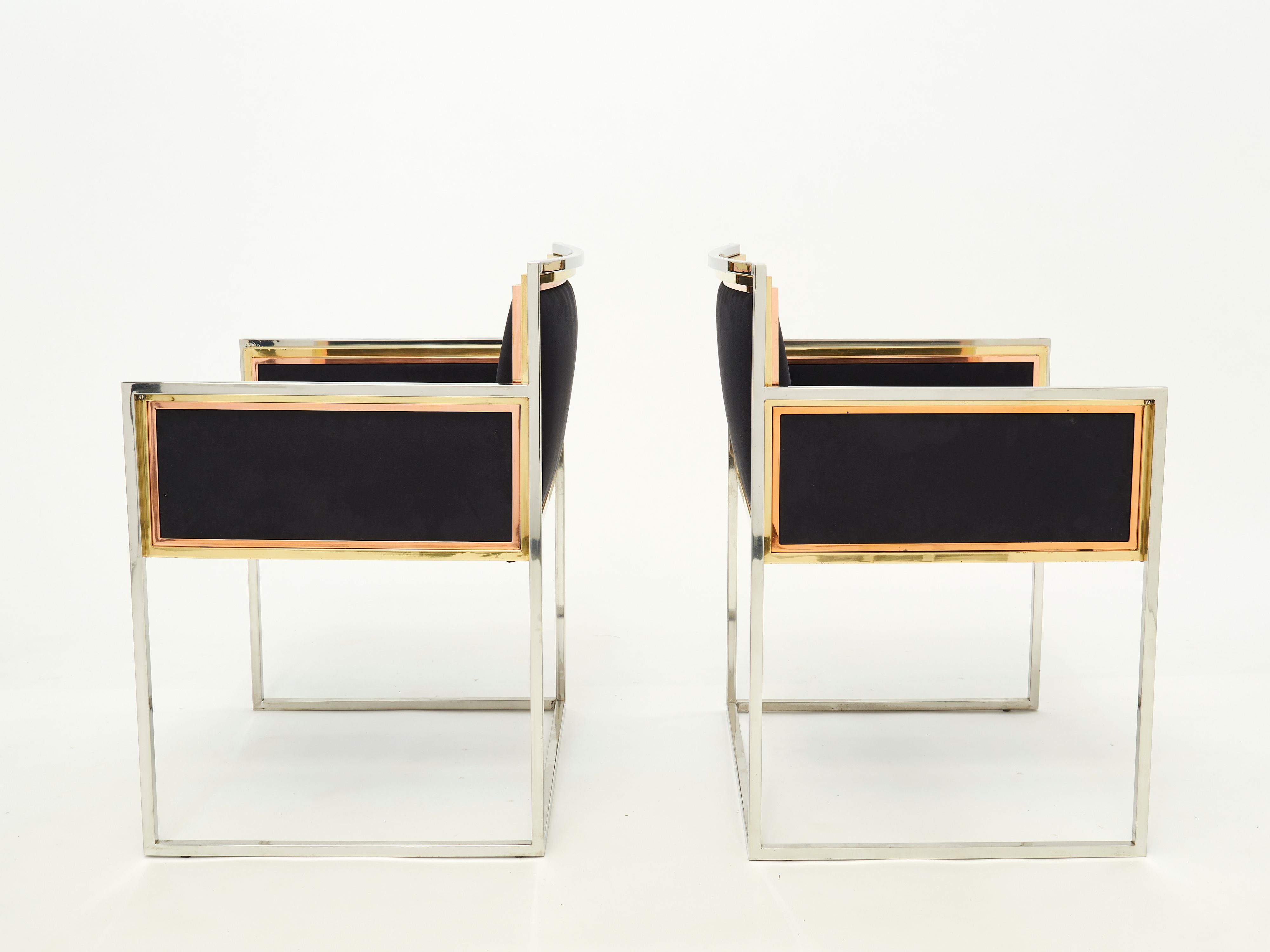 Mid-Century Modern Alain Delon for Maison Jansen Armchairs Brass Chrome Copper Alcantara 1972