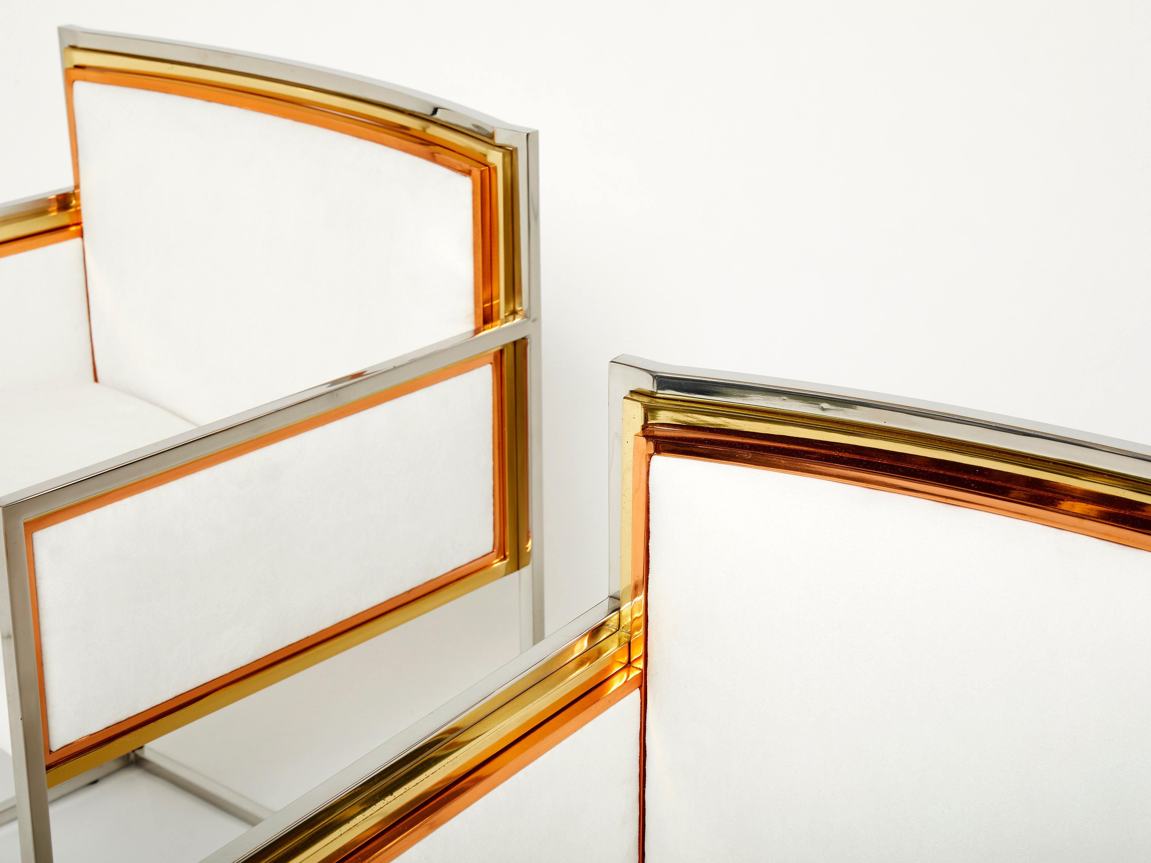 Alain Delon for Maison Jansen Armchairs Brass Chrome Copper Alcantara, 1972 In Good Condition In Paris, IDF