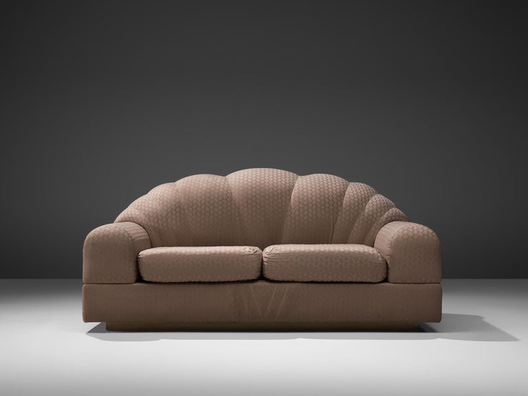 Alain Delon for Maison Jansen, two-seat sofa, fabric, France, 1970s

This ornate, comfortable two-seat sofa has a strong and playful design. The high, webbed back gives perfect support for the sitter. The thick seat with removable cushion creates a
