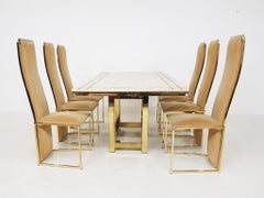 Alain Delon Travertine, Brass and Gold Dining Set, France, 1980s