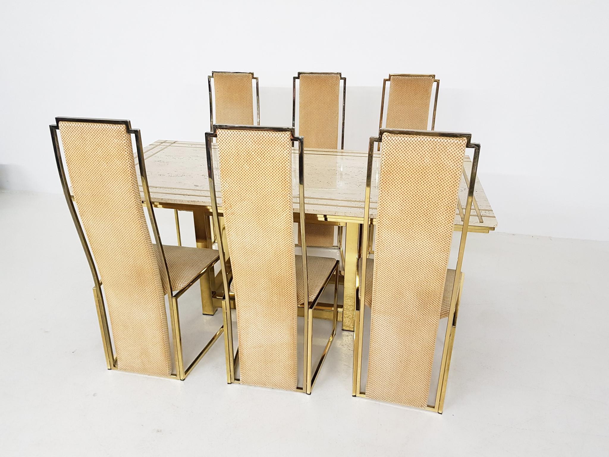 Hollywood Regency Alain Delon Travertine, Brass and Gold Dining Set, France, 1980s For Sale
