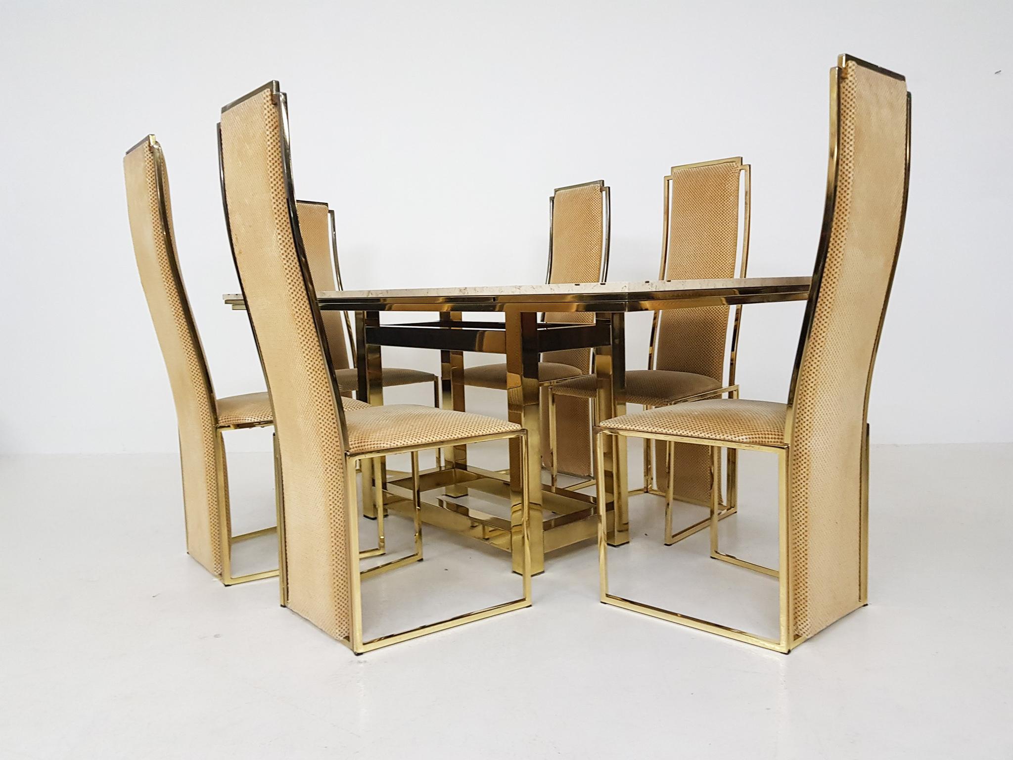 French Alain Delon Travertine, Brass and Gold Dining Set, France, 1980s