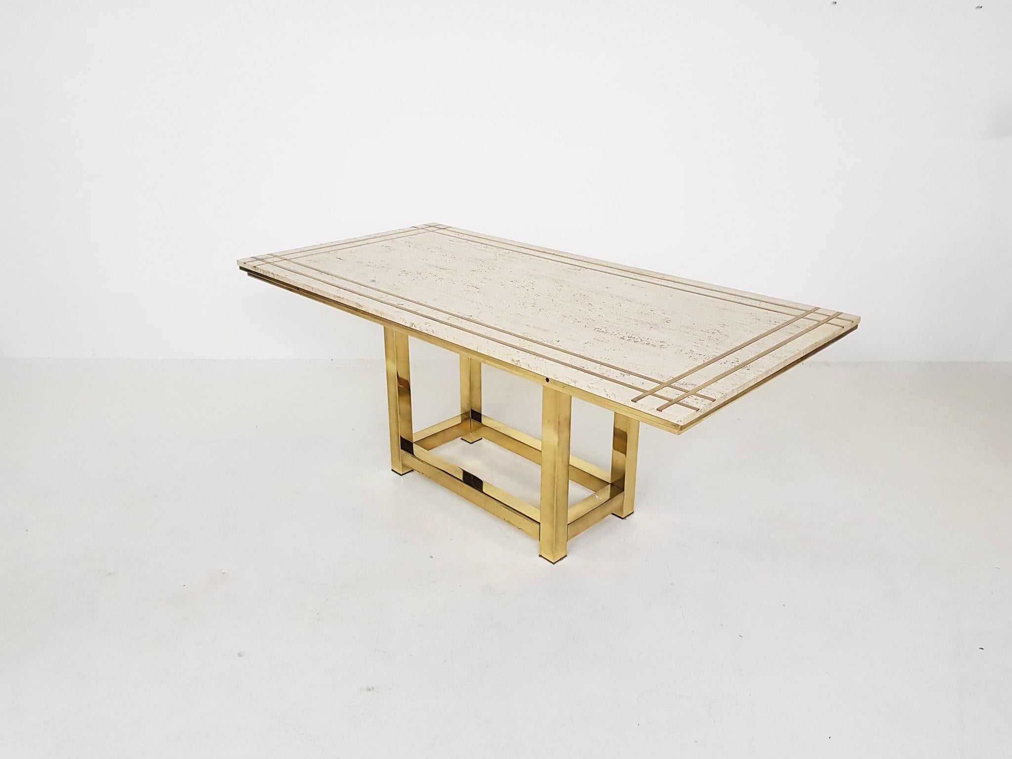 Hollywood Regency Alain Delon Travertine, Brass and Gold Dining Table, France, 1980s For Sale