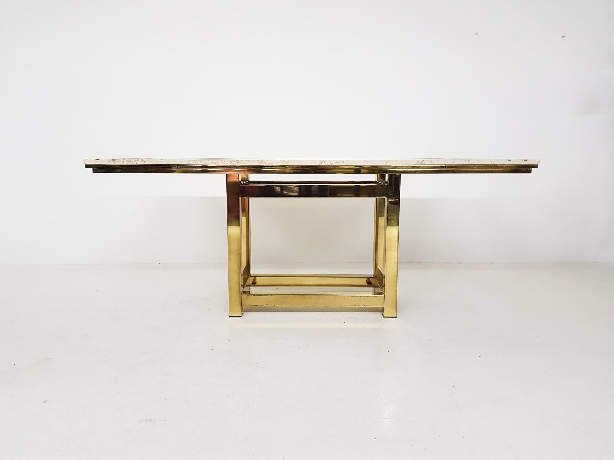 Alain Delon Travertine, Brass and Gold Dining Table, France, 1980s In Good Condition For Sale In Amsterdam, NL