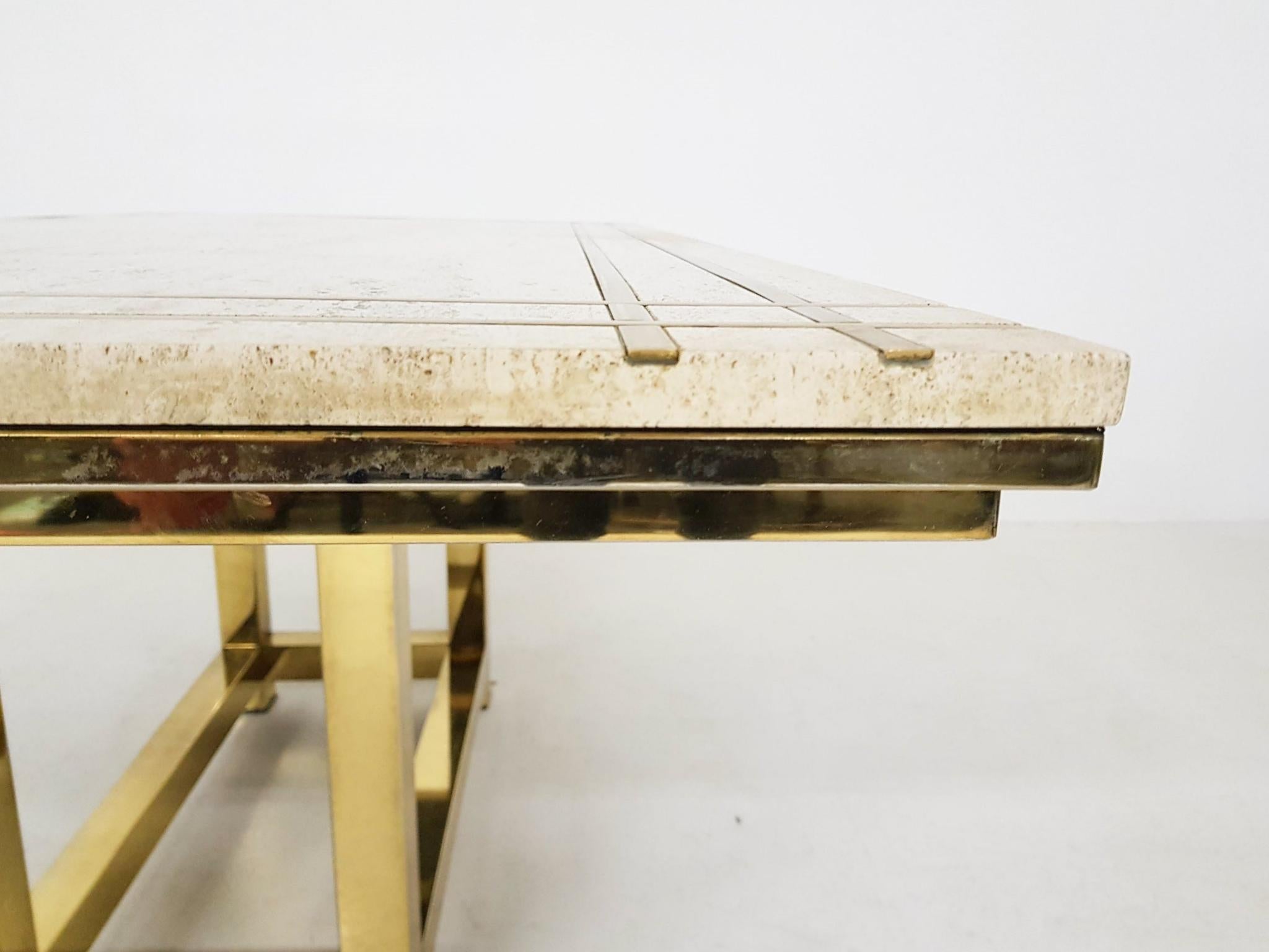 Metal Alain Delon Travertine, Brass and Gold Dining Table, France, 1980s For Sale