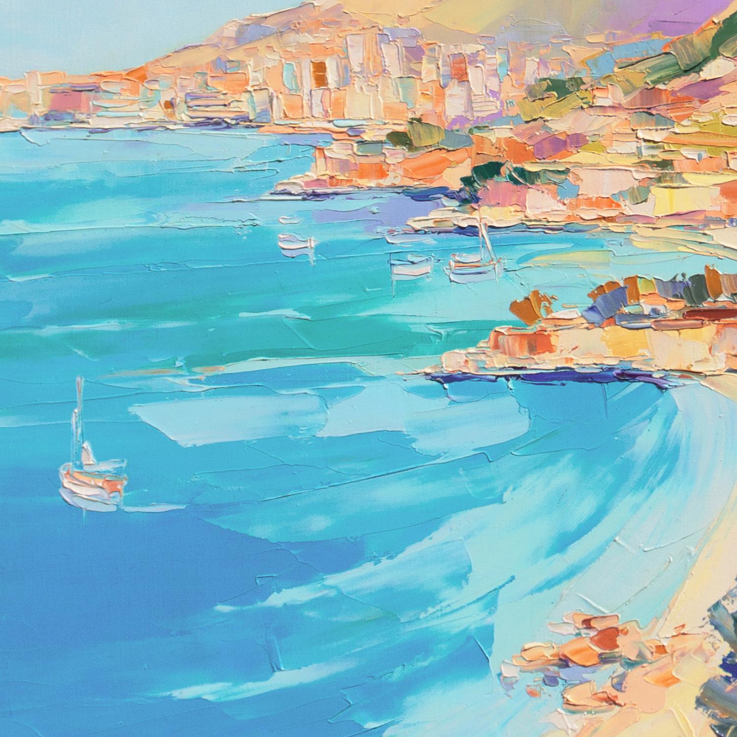 'Golfe Bleu Beach, Roquebrune, Côte d'Azur', Cap Martin, Nice, French Coastal - Contemporary Painting by Alain Demarte